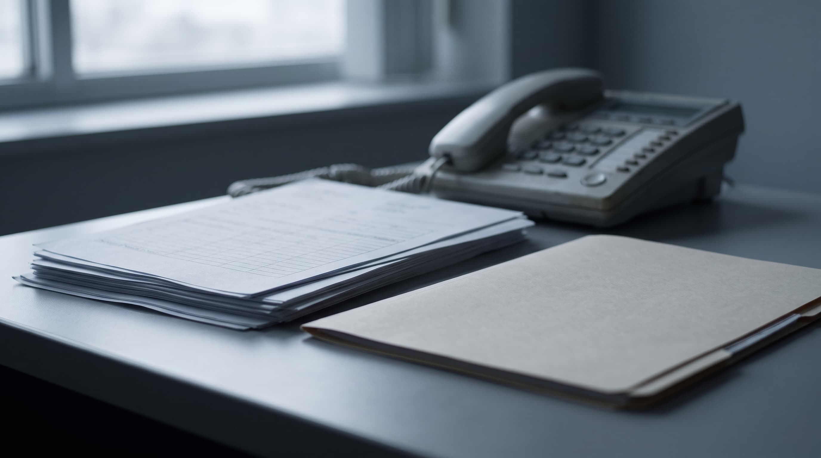 Quiet desk scene with paper documents, a closed folder, a desk phone, and soft overcast window light
