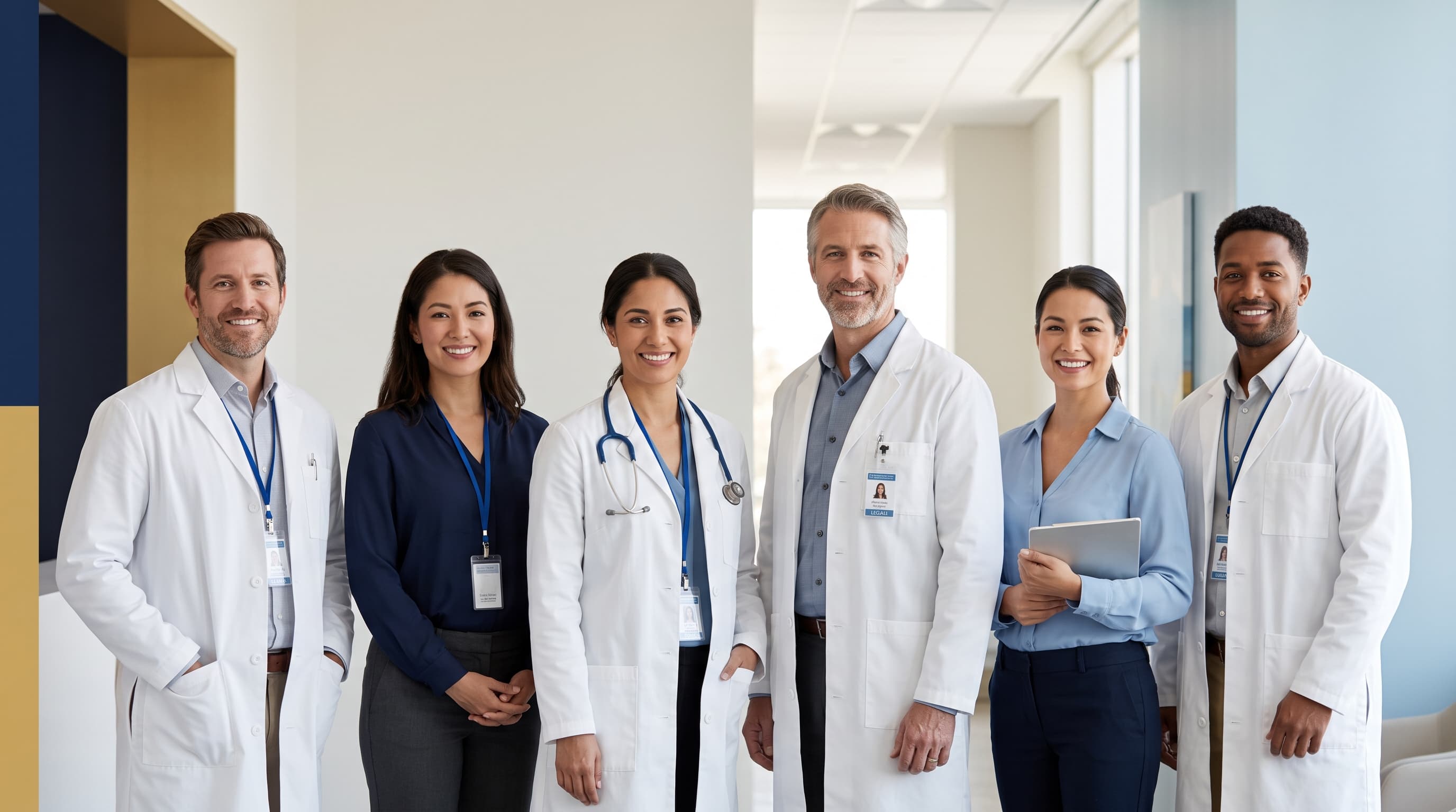 Diverse team of healthcare professionals in white coats and clinical attire standing together in a modern medical office